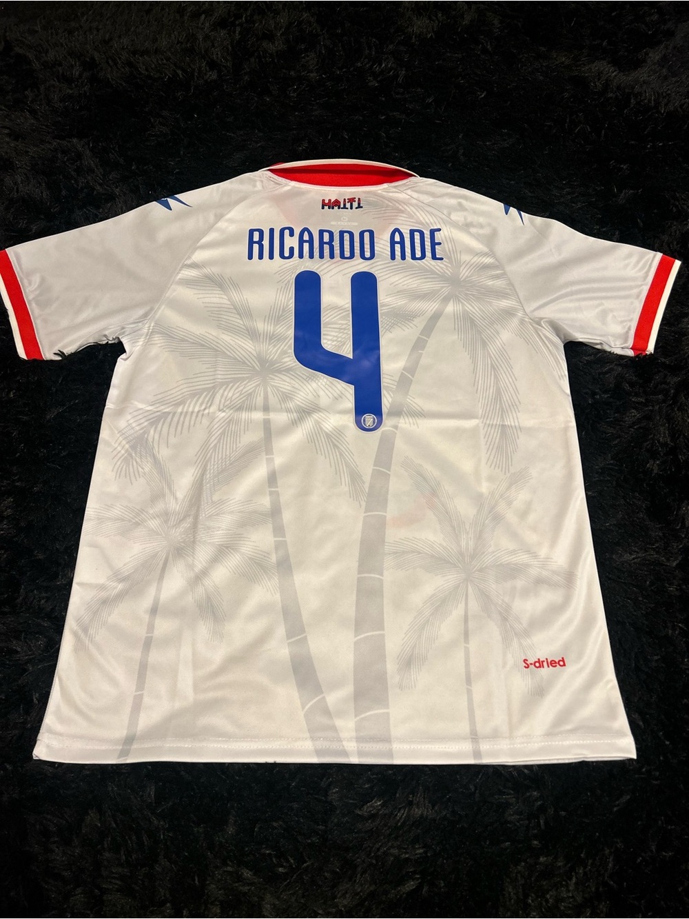 Haïti Men's White Soccer Jersey with Blue Number 4 - Ricardo Ade